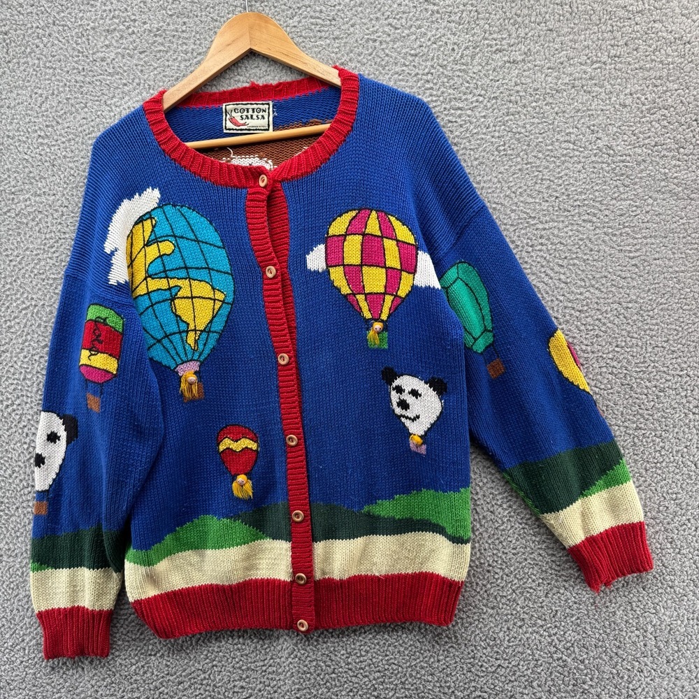 Vintage Cotton Salsa Hot Air Ballon Sweater Women's XL Cardigan